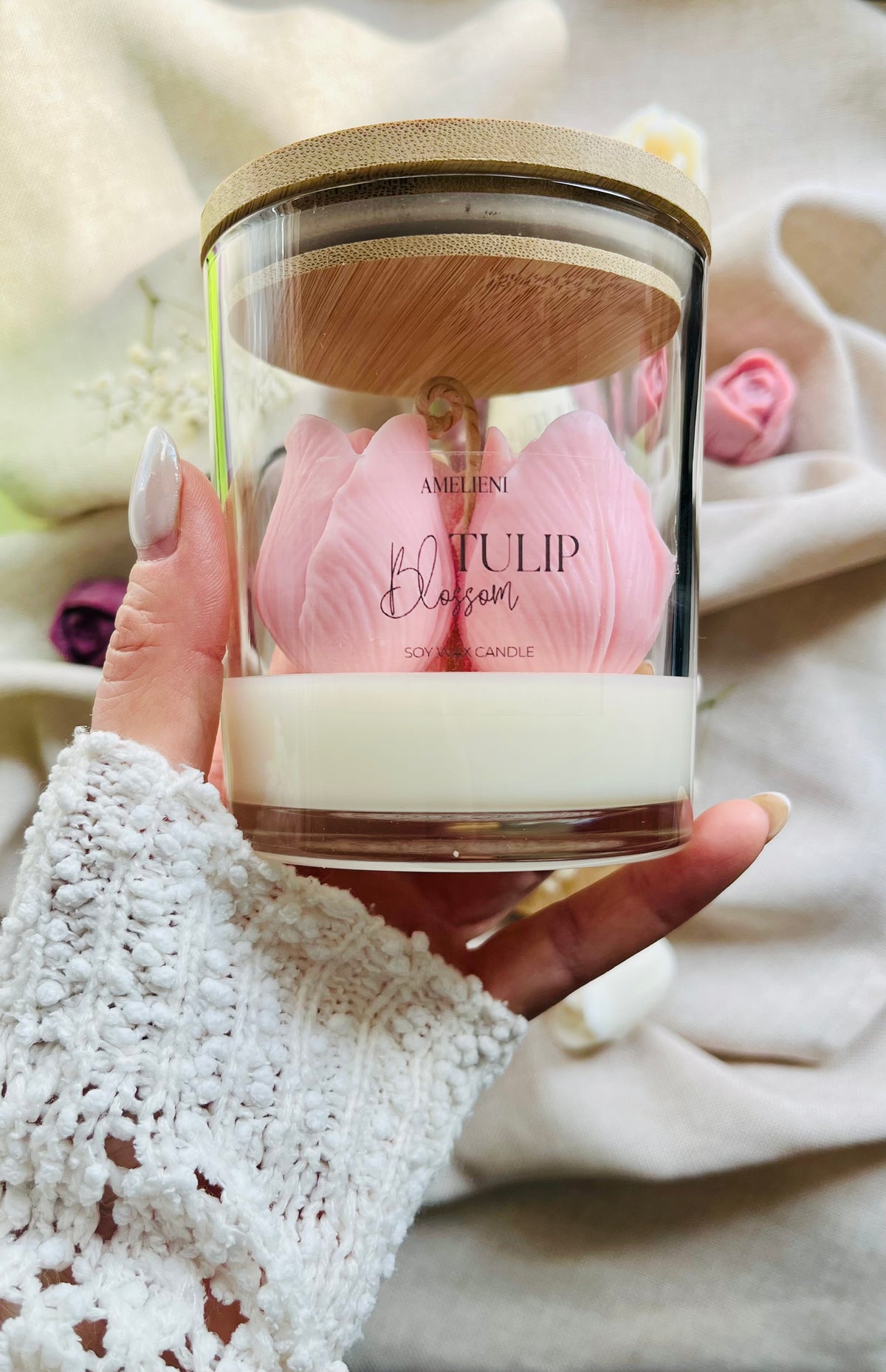 Tulip Bloom „Rosé“ – Kerzenglas mit handgefertigter Tulpe