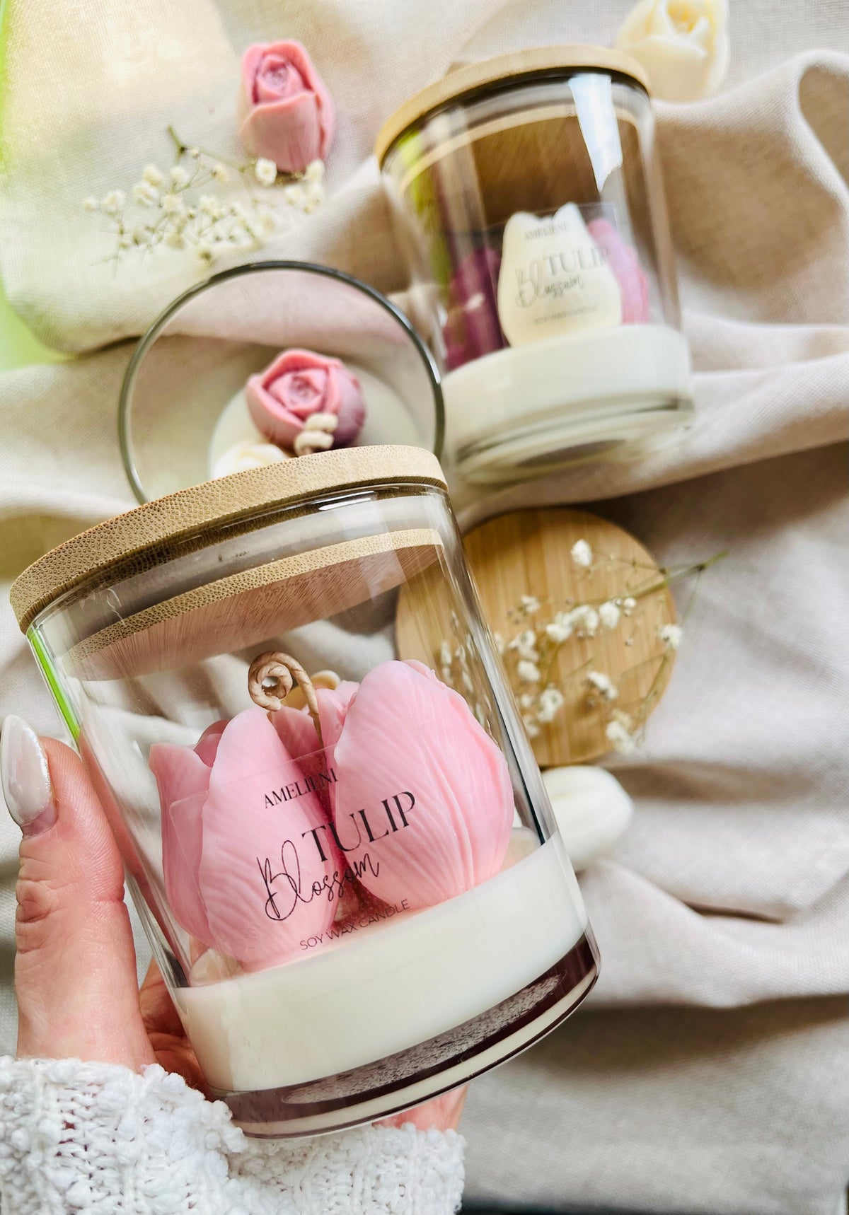 Tulip Bloom „Rosé“ – Kerzenglas mit handgefertigter Tulpe