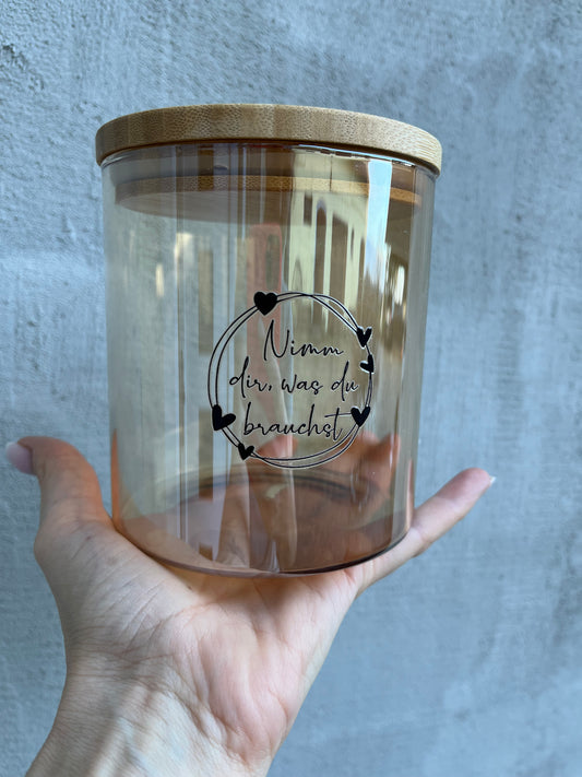 Glas mit Bambusdeckel „Nimm dir, was du brauchst.“
